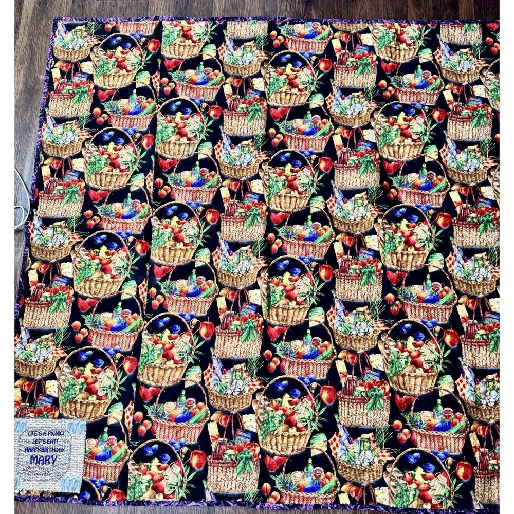 VTG Y2K Handmade N‎ Carolina Quilt 50x50 Lap Blanket Bright Colors Food Theme - Picture 3 of 9